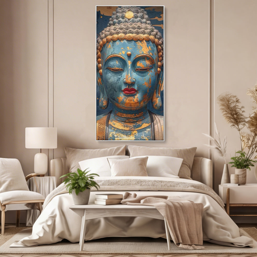 Tablou canvas cu tablou canvas cu chipul lui buddha, in rama de aluminiu argintiu, pe perete intr-un dormitor